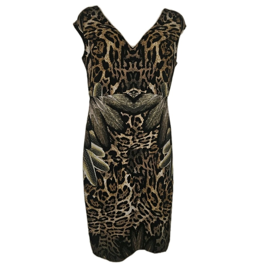 Hale Bob Womens S Cap Sleeve Sheath Dress V Neck Animal Print City Designer